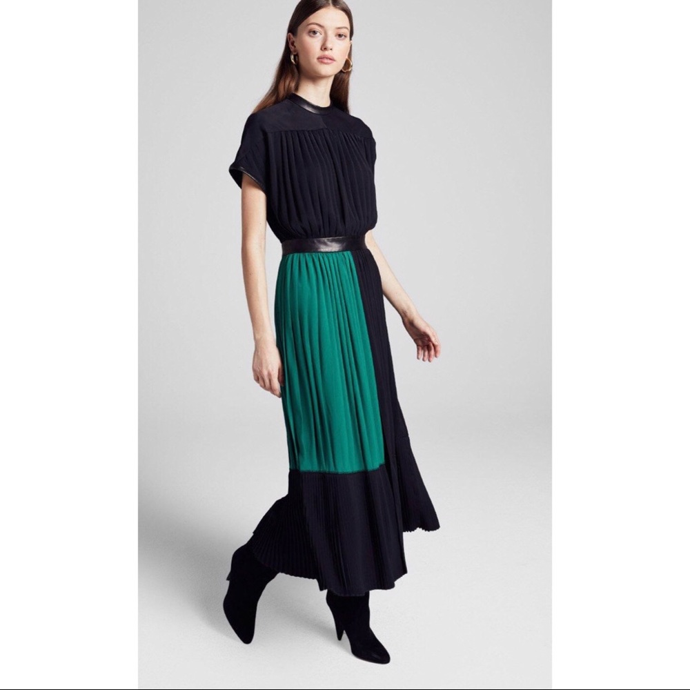 A.L.C. Black and Emerald Green Pleated Midi Dress